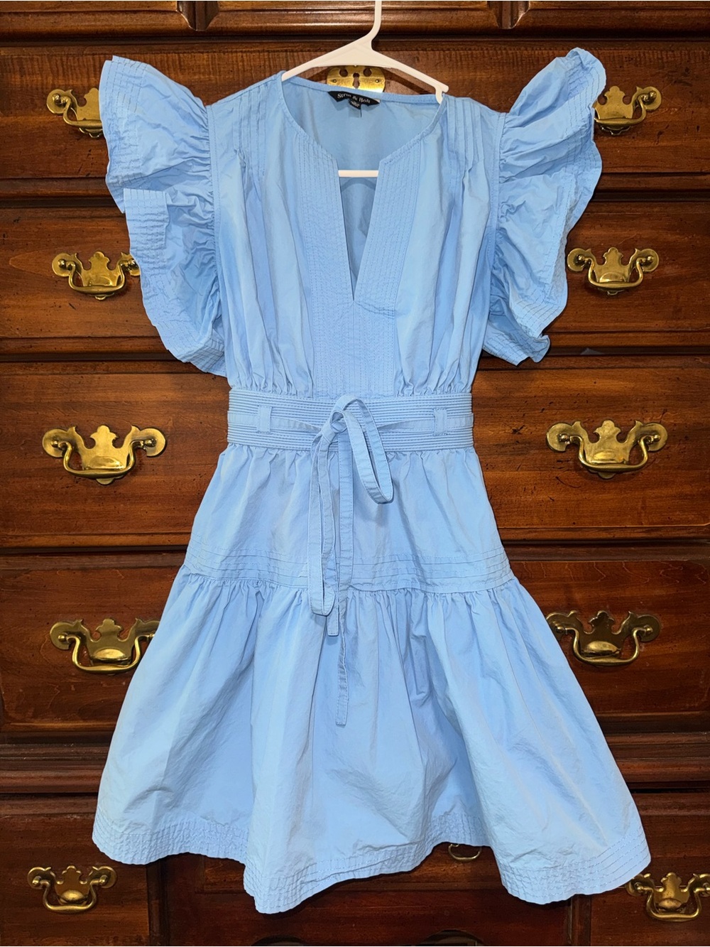 Light Blue Flutter Sleeve Cotton Dress with Waist Tie